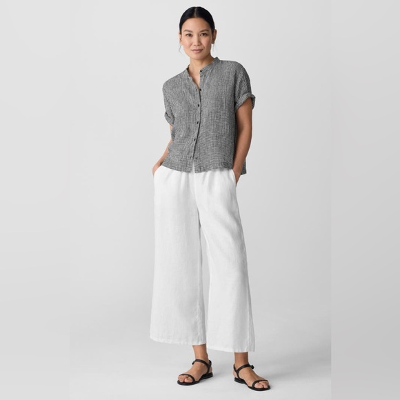 Eileen Fisher Puckered Organic Linen Gingham Mandarin Collar Short Sleeve Top - Picture 4 of 13